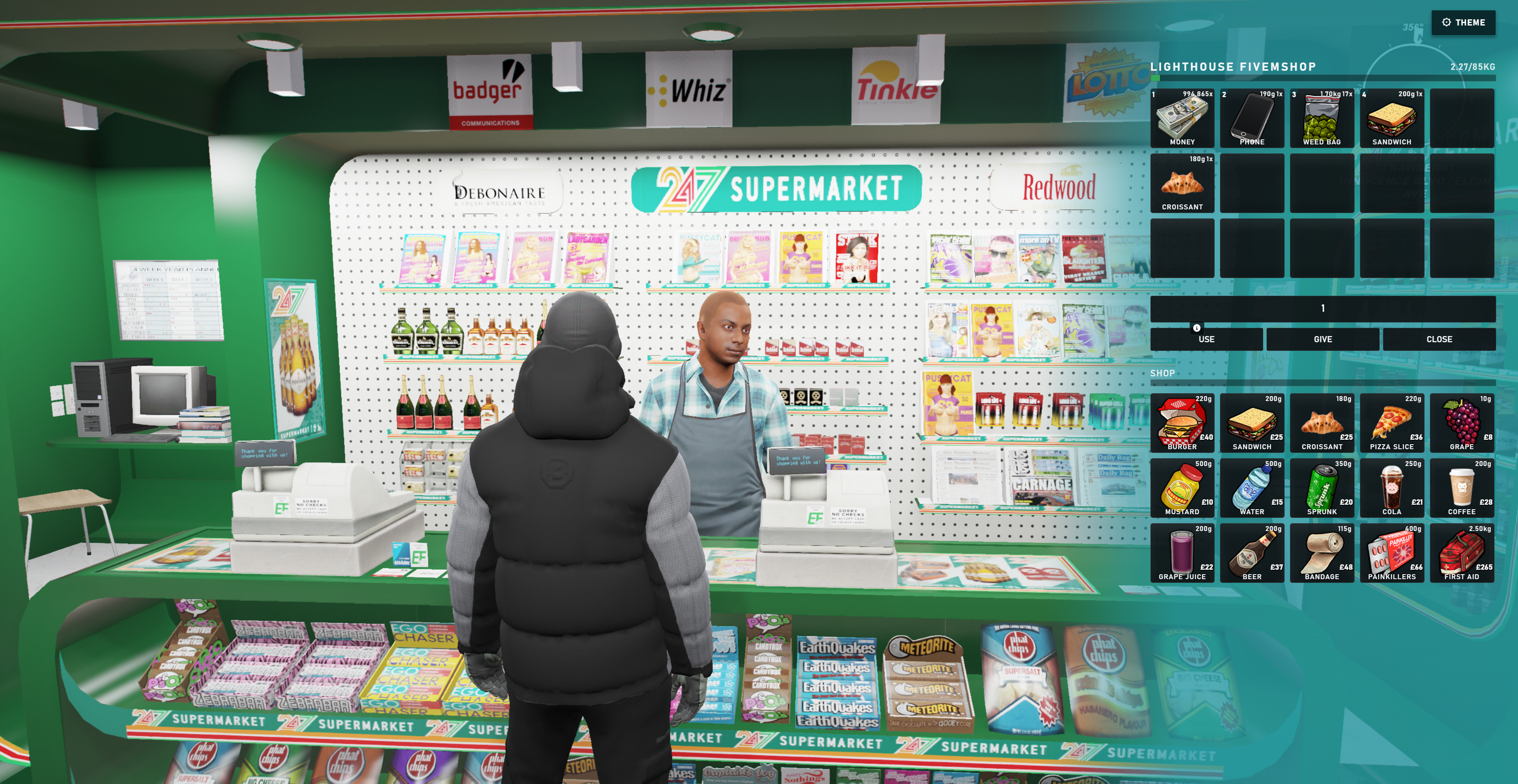 No Pixel 5.0 inventory script shop showing food, drinks, and item slots